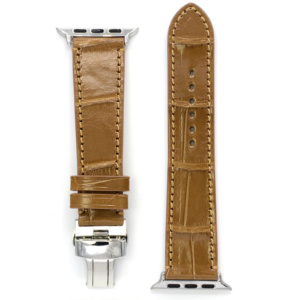 Alligator Skin Apple Watch Band, Canyon Brown Square Scales, Deployment Buckle, Medium Length