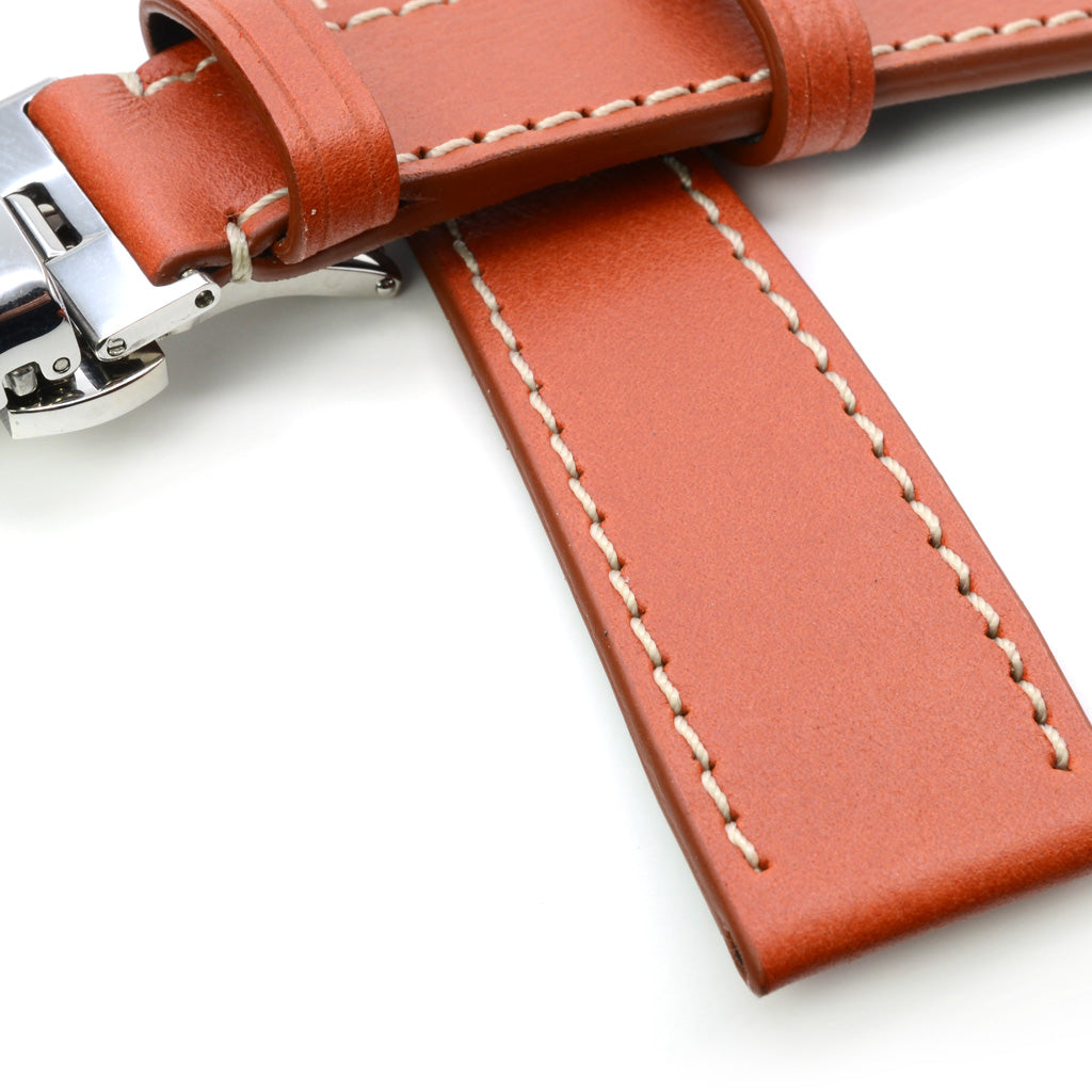 Rust Color Leather Watch Strap Contrast Stitch Deployment Buckle