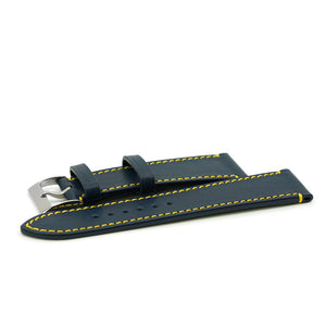 Curea de Ceas din Piele Full Grain Albastru Navy, Cusatura Galbena, Lungime Medie