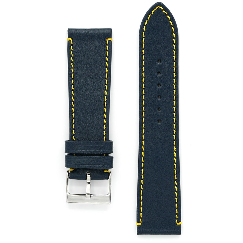 Leather Strap, Full-Grain Navy Blue & Yellow Stitch , Medium Length