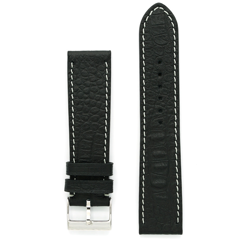 Leather Watch Strap, Black, Reptile Print, Off-white Stitch, Medium Length