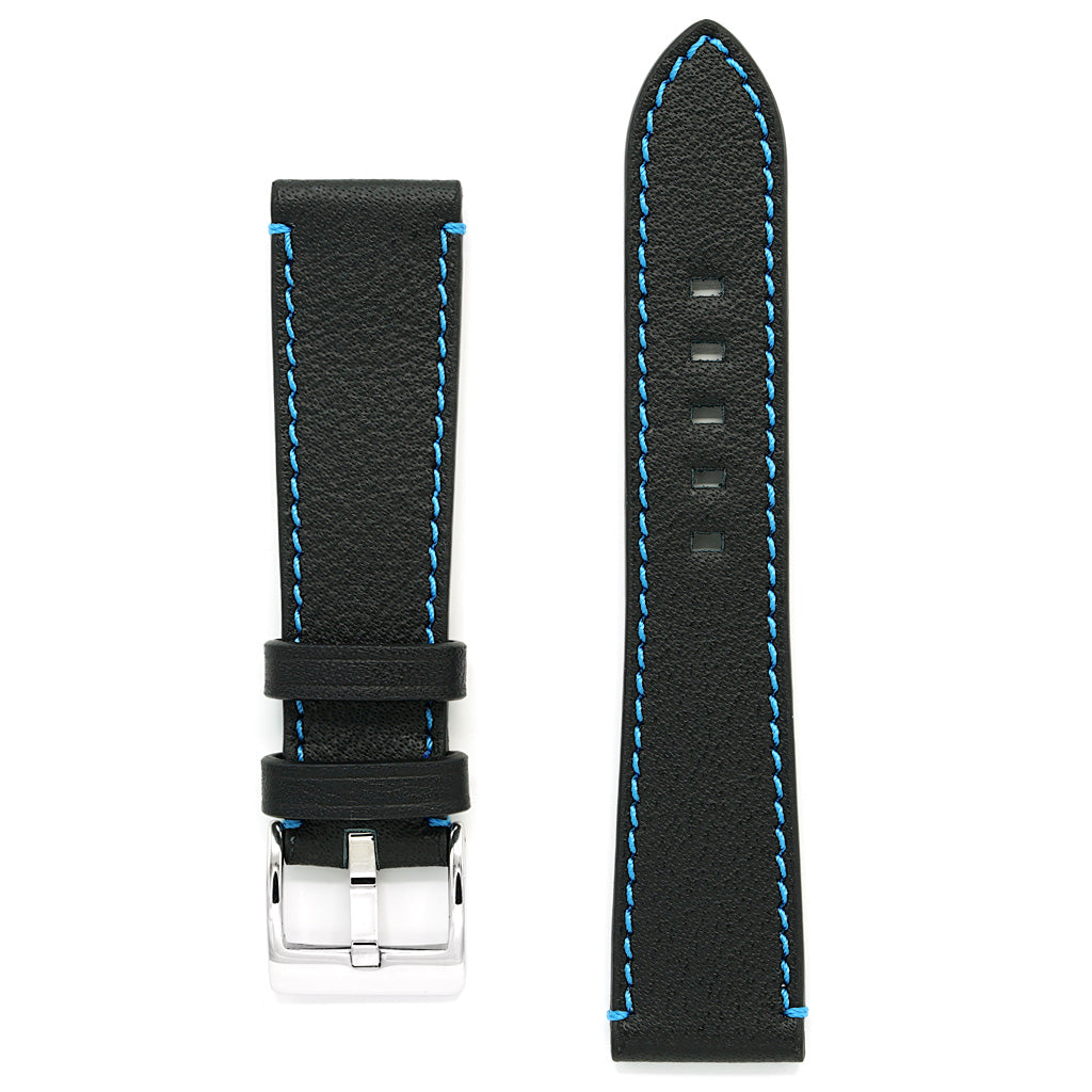 Black Leather Watch Strap, Blue Sewing, Medium Length
