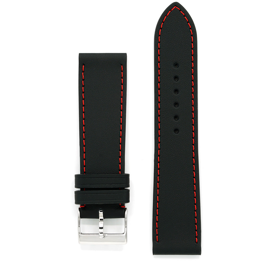 Watch Strap, LeMans Collection, Black Leather, Red Sewing, Medium Length
