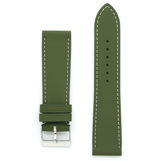 Watch Strap, LeMans Collection, Army Green Leather, Red Sewing, Medium Length
