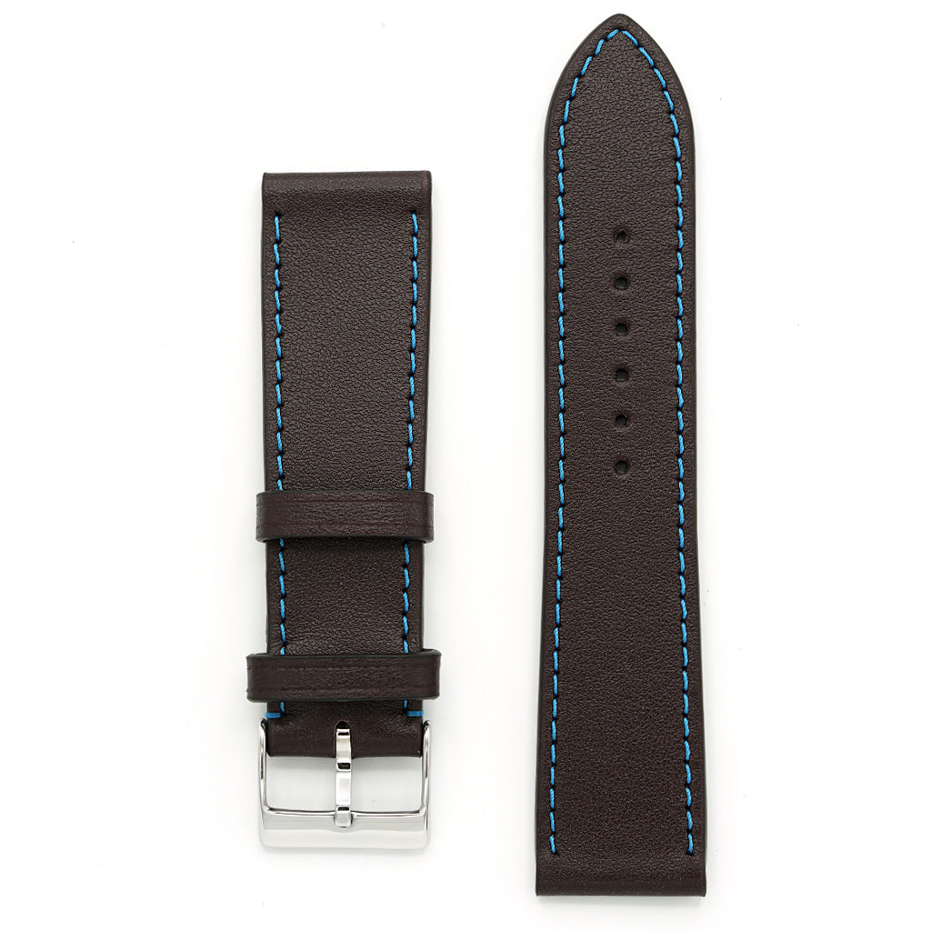 Watch Band, Full-Grain Dark Brown Leather, Blue Stitch, Medium Length