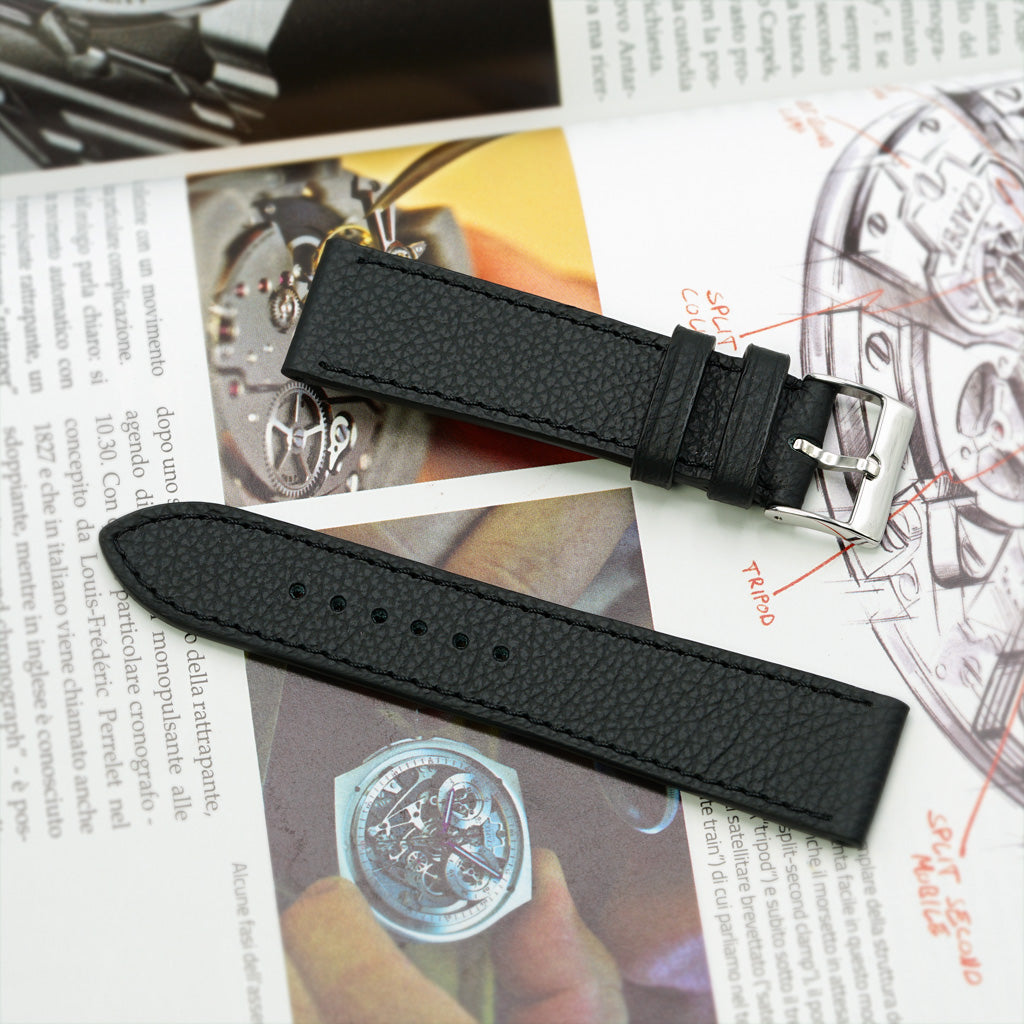 Pebbled Leather Watch Band, Black, White Thread Sewing
