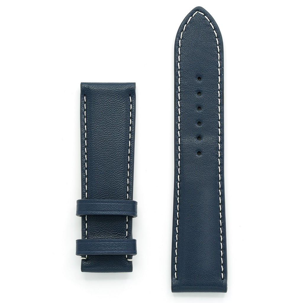 Padded Watch Band, Full-Grain Navy Blue Leather, Contrast Stitch, Medium Length