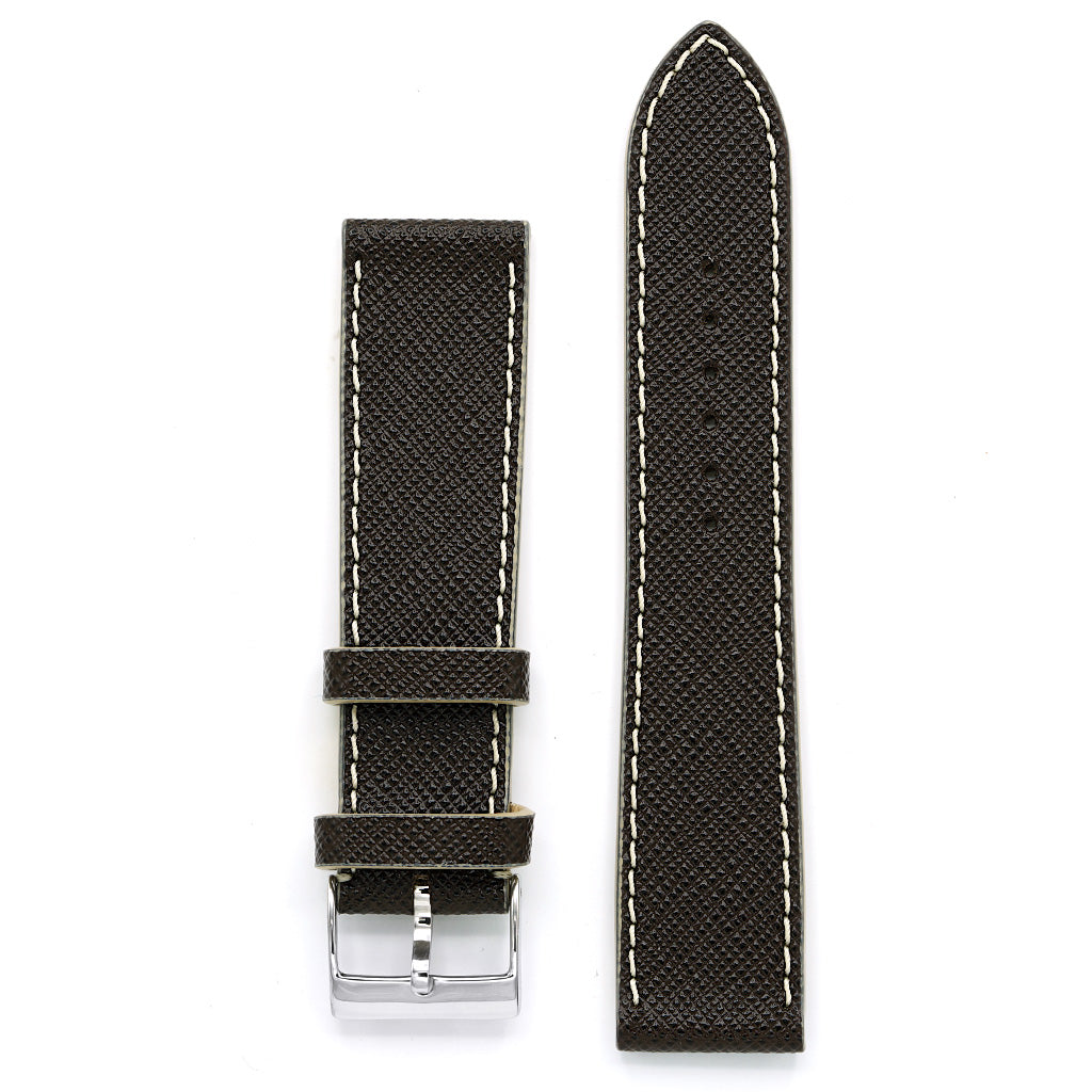 Brown Saffiano Leather Watch Band with Contrast Stitch, Long Length