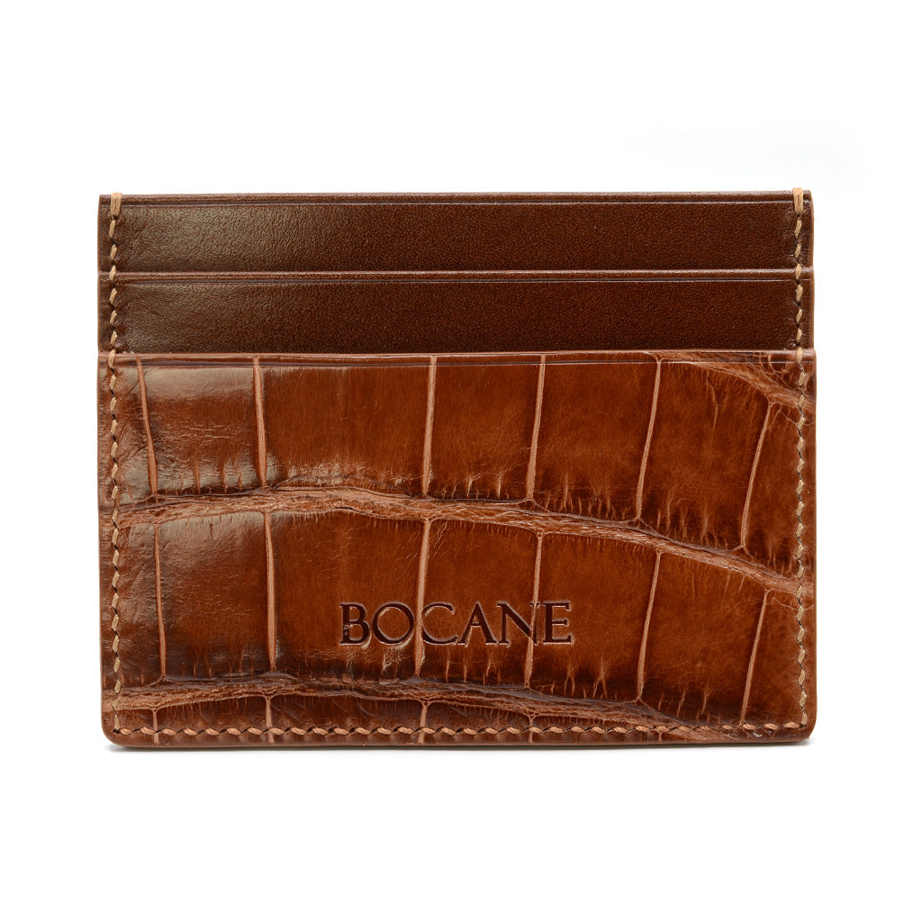 Alligator and Calf Leather Card Holder, Cognac, Hand Stitched