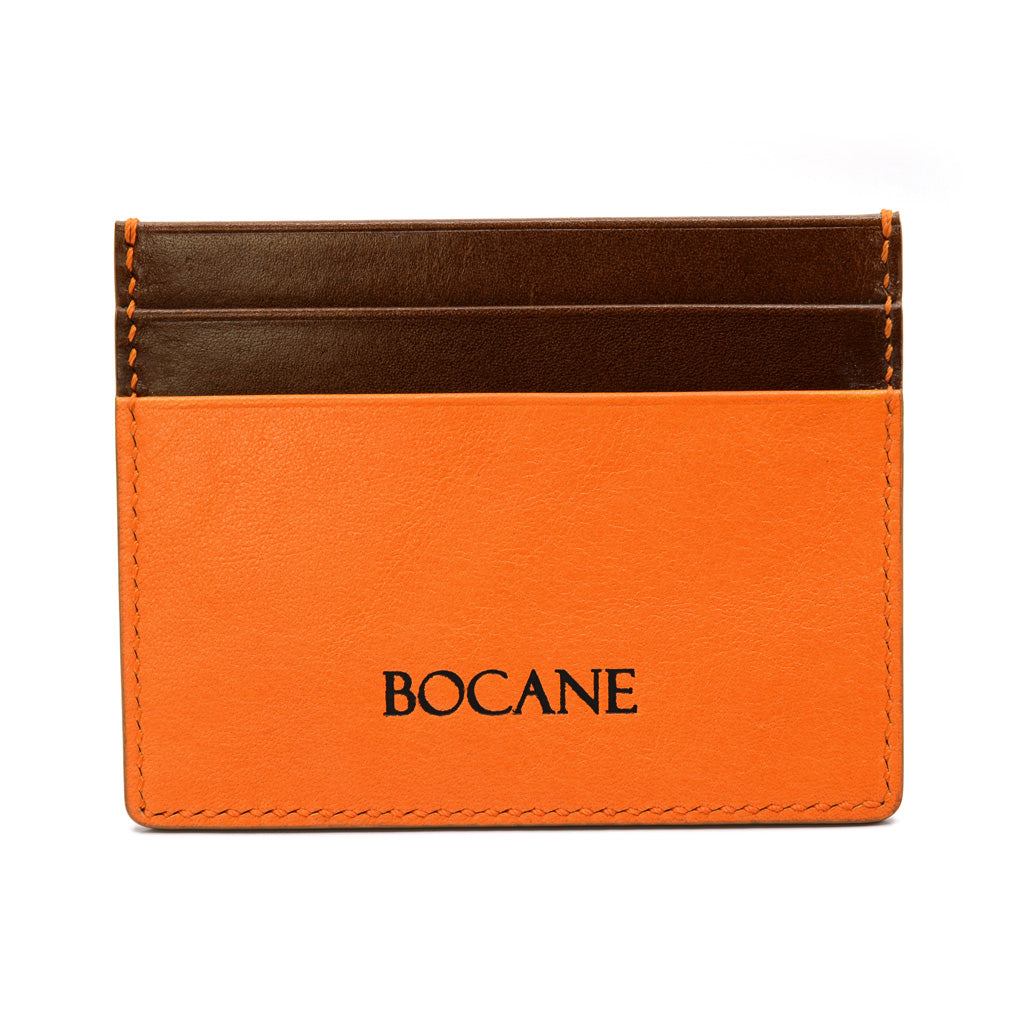 Calf Leather Card Wallet, in Antique Cognac and Orange, Handsewn