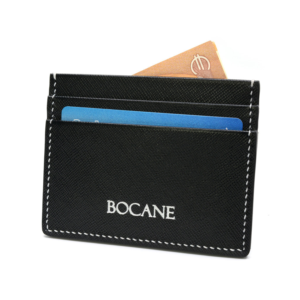 Portcard din Piele Saffiano Neagra, Cusut Manual