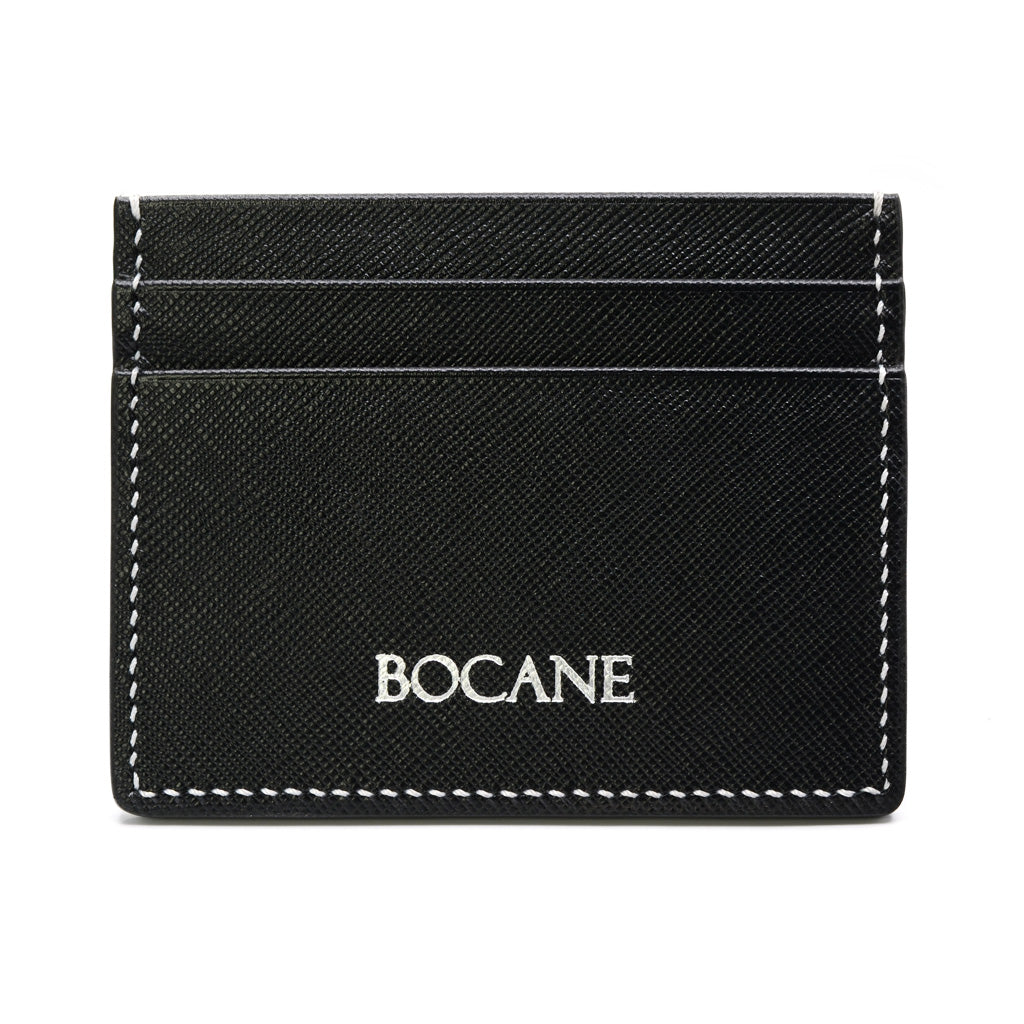 Saffiano Leather Card Wallet, Black, White Handsewing