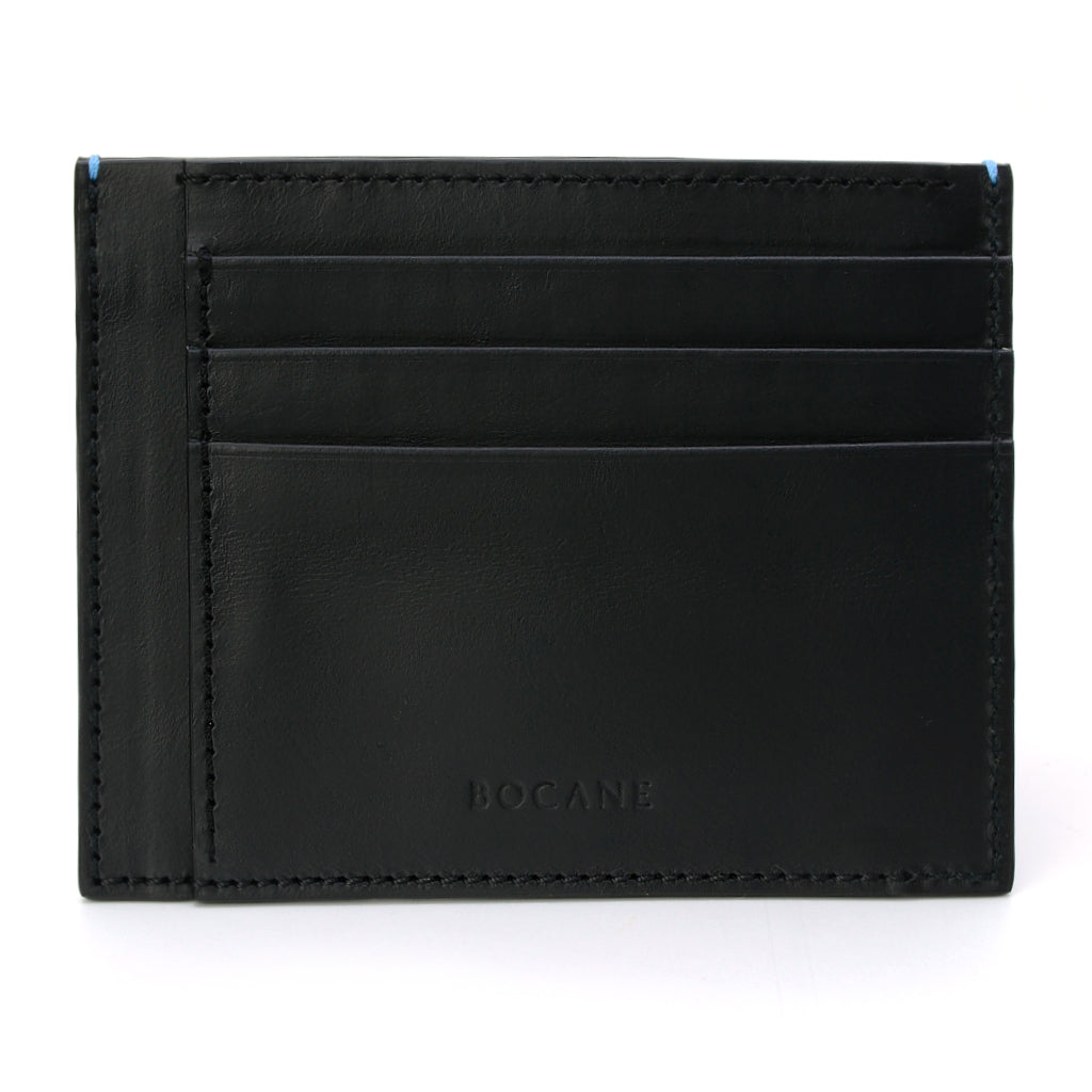 Black Calf Leather Wallet, Extra Slim, Blue Stitch Ends