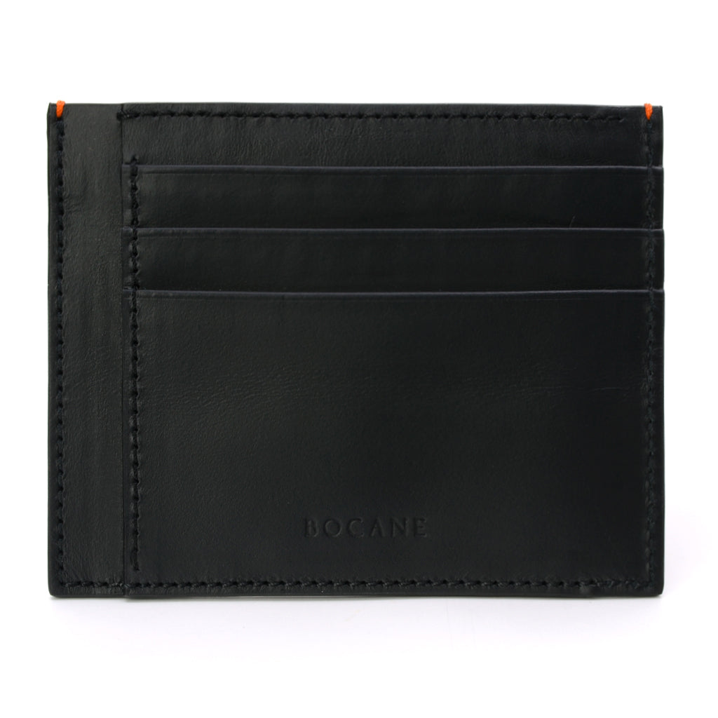 Black Calf Leather Wallet, Extra Slim, Orange Stitch Ends