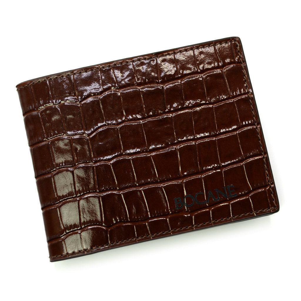 Slim Leather Wallet, Cognac Crocodile Print