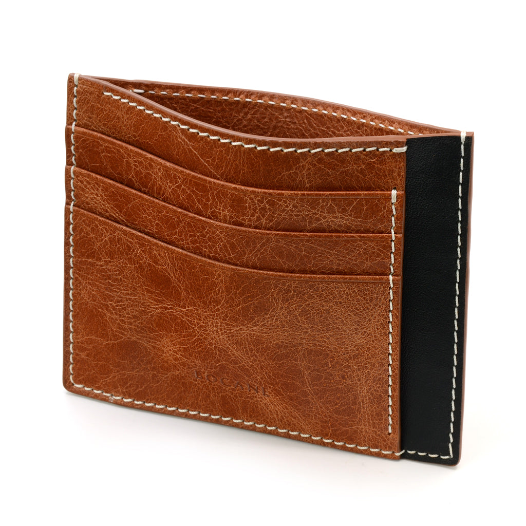 Port-Card din Piele Cognac Antichizat, cu Accente Negre