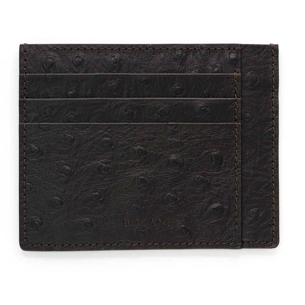 Ostrich Print Leather Wallet, Extra Slim, Deep Brown